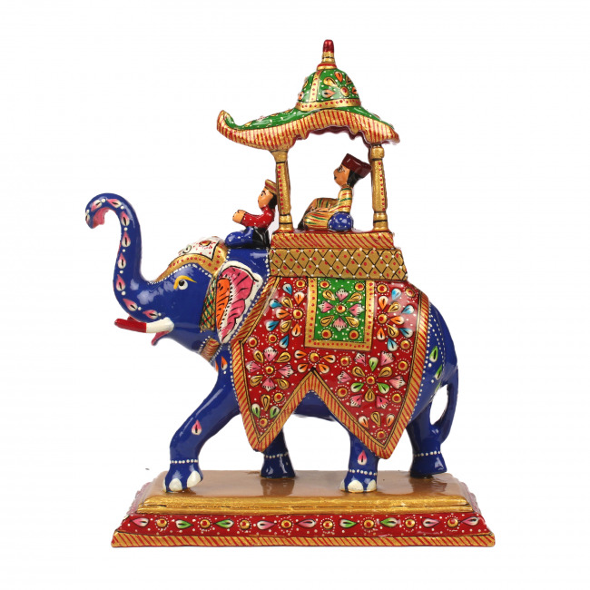 Tribes India Metal Meenakari Green Ambabari Elephant Statue (25 CM)