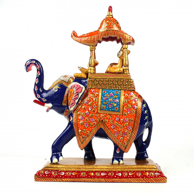 Tribes India Metal Meenakari Orange Ambabari Elephant Statue (25 CM)