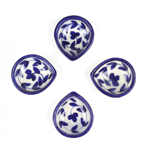Tribes India Blue Pottery Pack of 4 Blue Flower Deepak