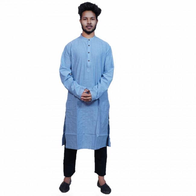 Tribes India Blue Cotton Kurta With Kantha Work