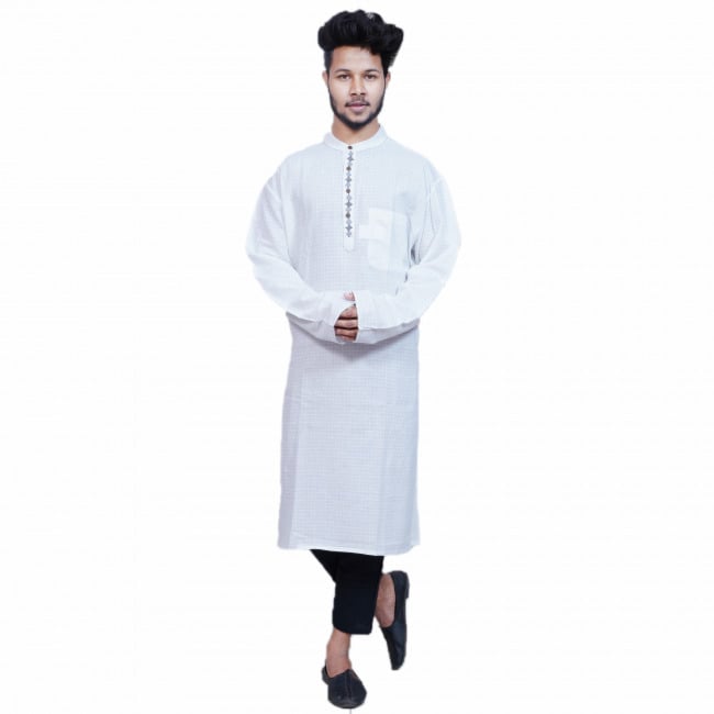 Tribes India White Cotton Kurta With Patch Work