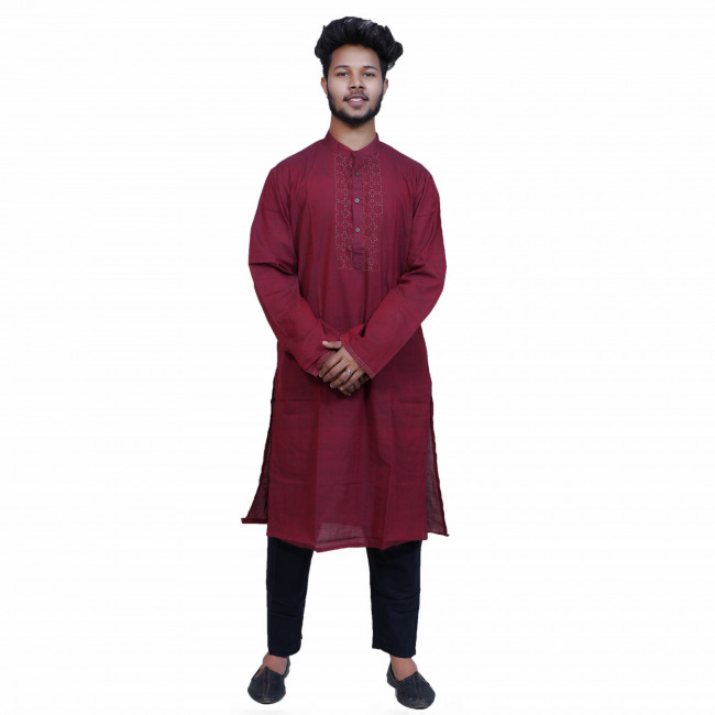 Tribes India Maroon Hand Embroidered Yoke Long Kurta