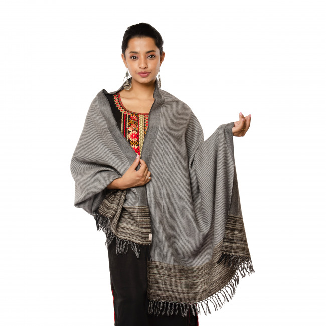 Handwoven Plain Stripe Wool Gray Stole