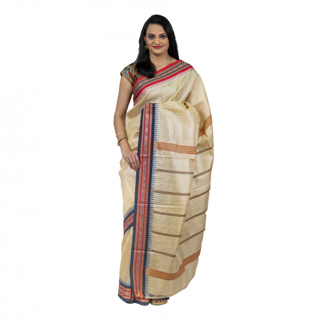 Tassar Karvati White & Multicoloured Border Saree