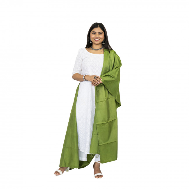 Handwoven Tassar Cotton Plain Green Color Dupatta