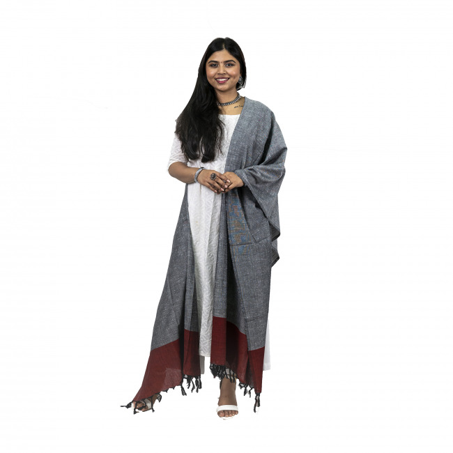 Handwoven Jayshree Cotton Grey Dupatta with Red Border