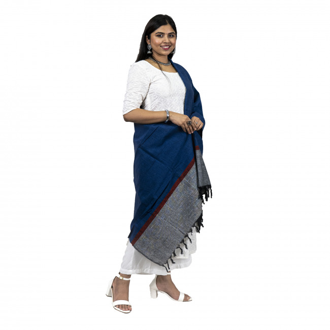 Handwoven Jayshree Cotton Blue Dupatta with Grey Border