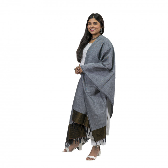 Handwoven Jayshree Cotton Grey Dupatta with Mehendi Border