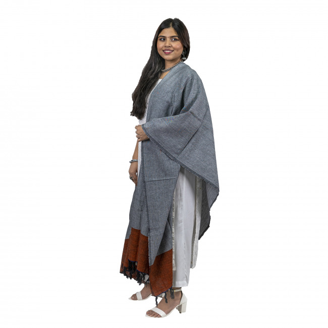 Handwoven Jayshree Cotton Grey Dupatta with Orange and Purple Border