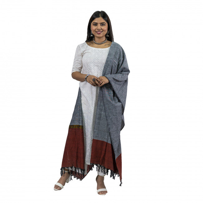 Handwoven Jayshree Cotton Grey Dupatta with Orange and Maroon Border