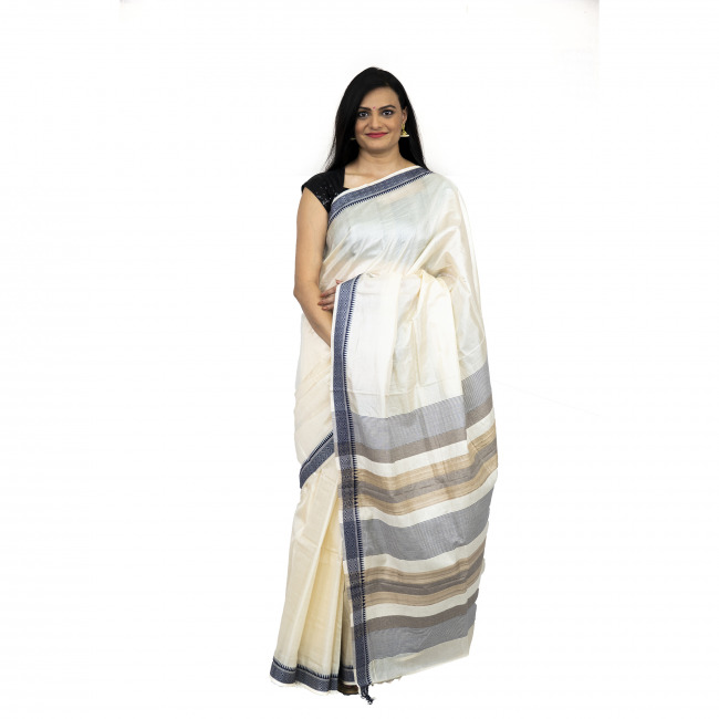Tassar Karvati White Saree With Violet Border
