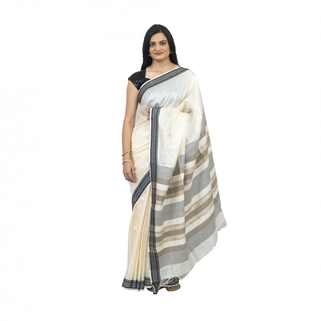 Tassar Karvati White Saree With Black Border