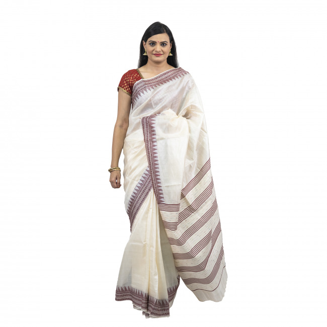 Tassar Karvati White Saree With Maroon Border
