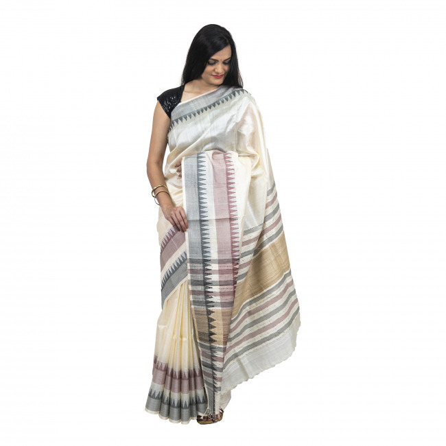 Tassar Karvati White Saree With Maroon & Black Dual Border