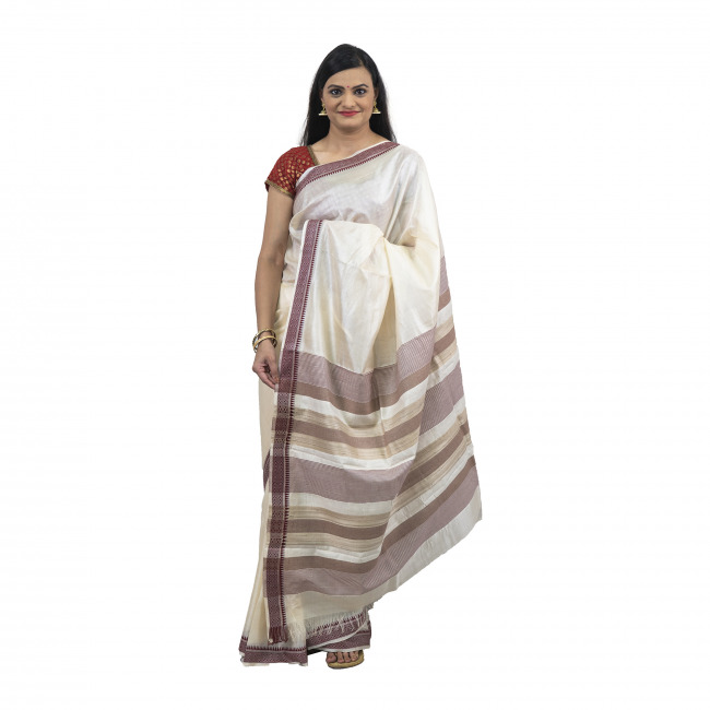 Tassar Karvati White Saree With Maroon Border