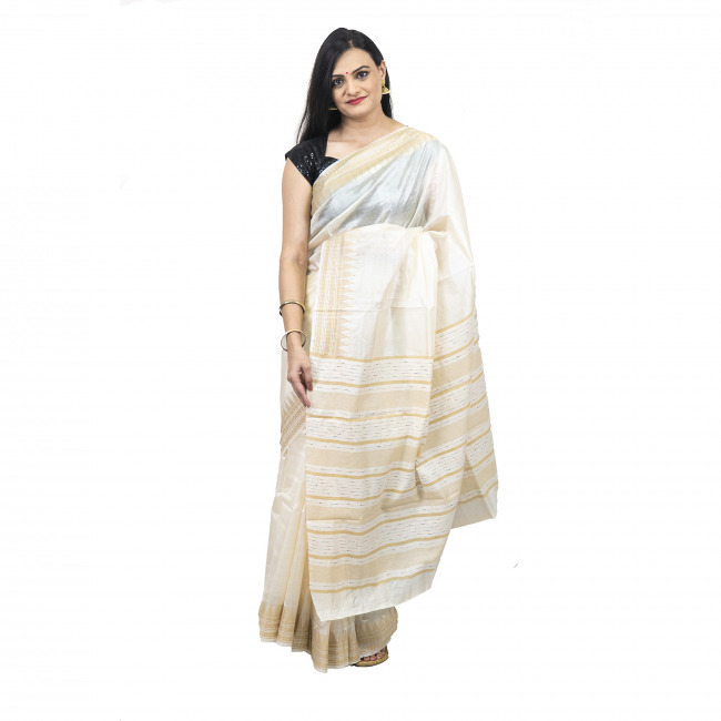 Tassar Karvati White Saree With Yellow Border