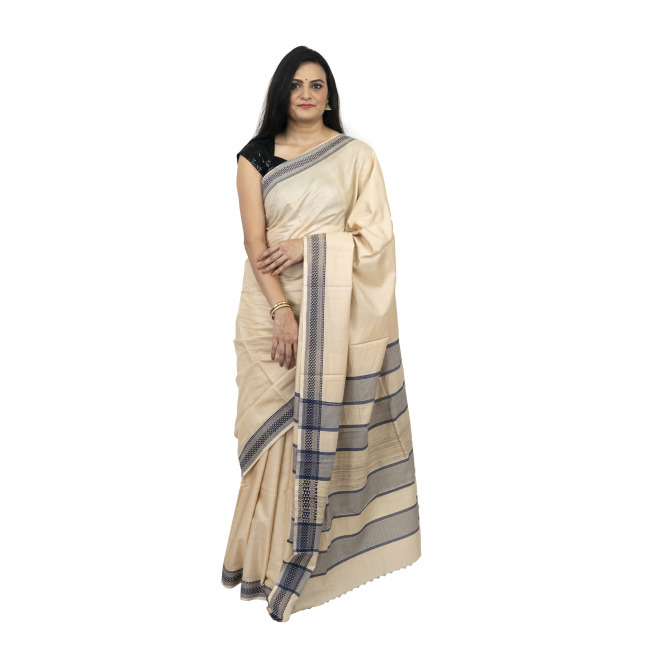 Tassar Cotton Dobby White Saree With Purple Border