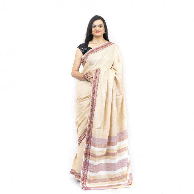 Tassar Cotton Dobby White Saree With Maroon Border