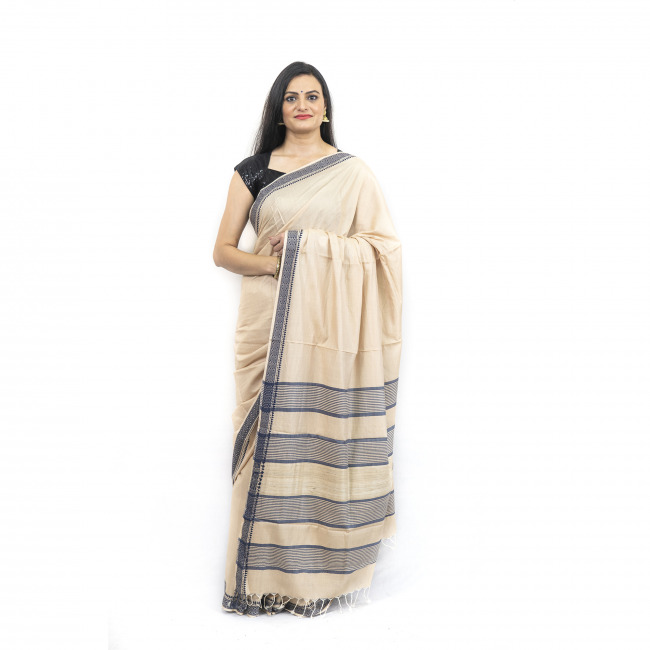 Tassar Cotton Dobby White Saree With Purple Border