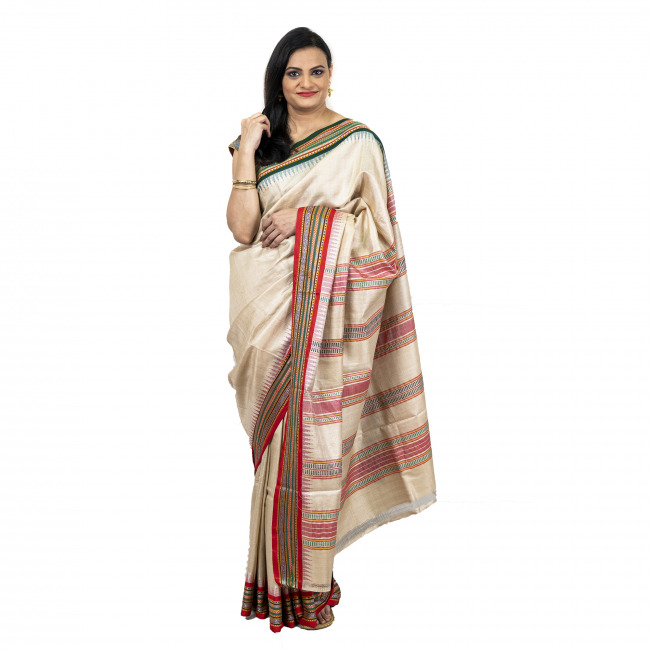Tassar Karvati White & Multicoloured Border Saree