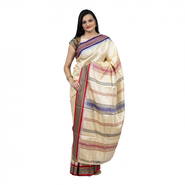 Tassar Karvati White & Multicoloured Border Saree