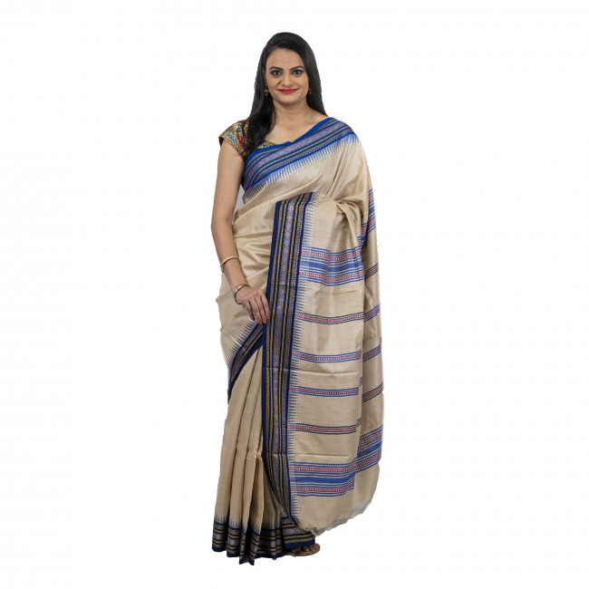 Tassar Karvati White & Multicoloured Border Saree