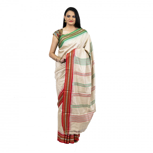 Tassar Karvati White & Multicoloured Border Saree