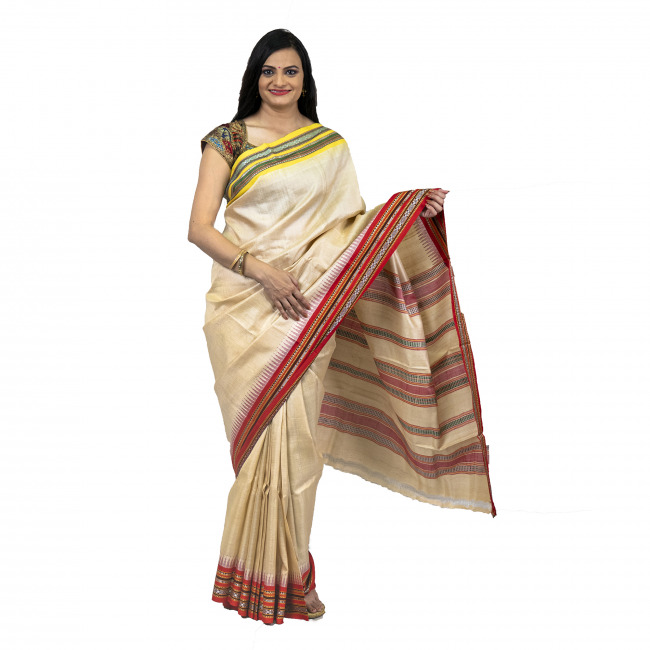Tassar Karvati White & Multicoloured Border Saree