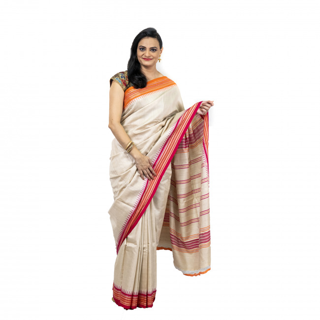 Tassar Karvati White & Multicoloured Border Saree