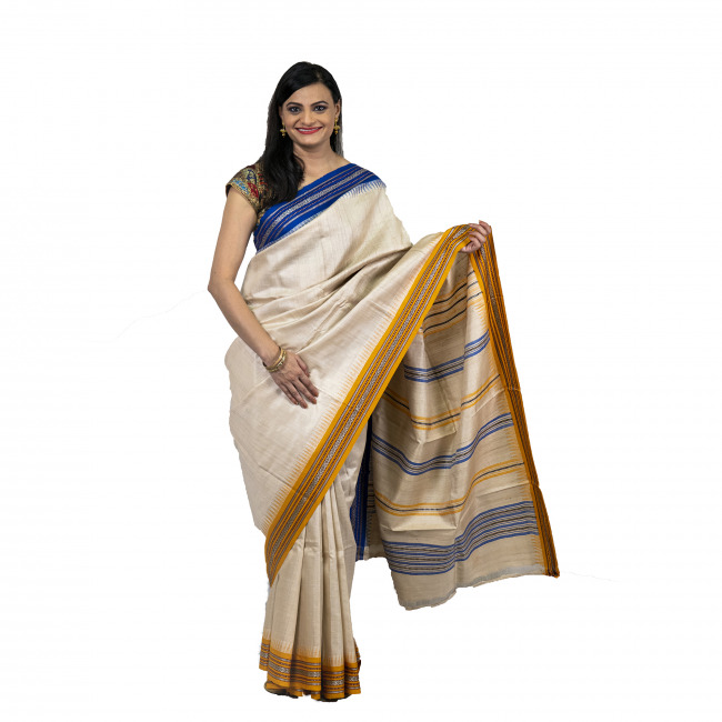 Tassar Karvati White & Multicoloured Border Saree