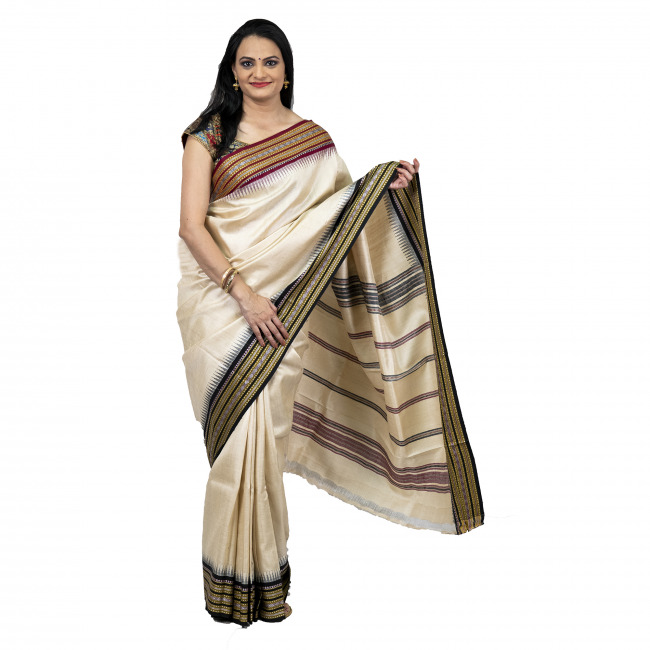 Tassar Karvati White & Multicoloured Border Saree