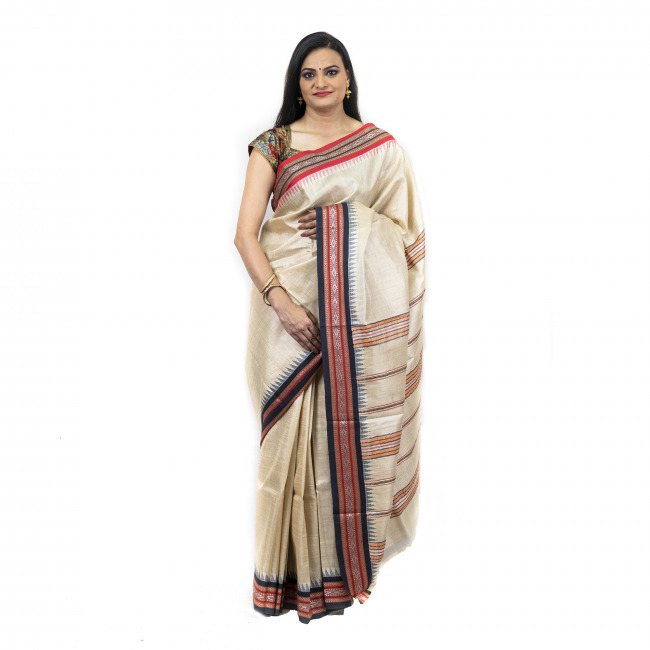 Tassar Karvati White & Multicoloured Border Saree