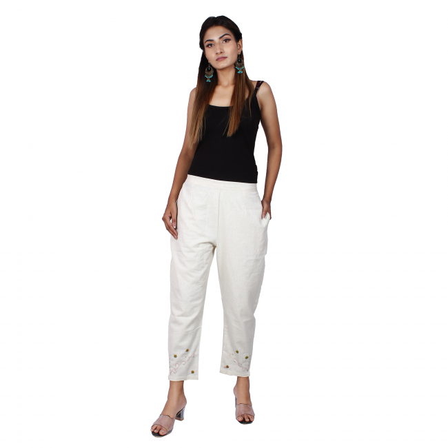 Tribes India Hand Embroidered White Narrow Pant