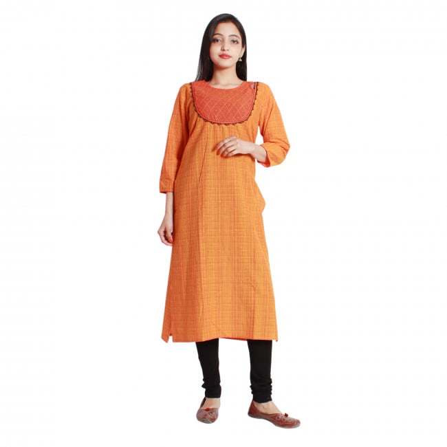 Tribes India Orange Hand Embroidered Magngalgiri Cotton Kurti