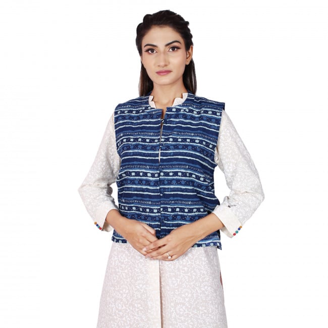 Tribes India Block Printed Sleeveless Cotton Summer Jacket
