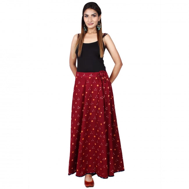 Tribes India Red Bandhani Printed Long Cotton Skirt (Free Size)