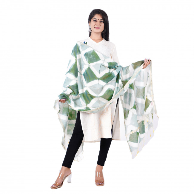 Tribes India Green White Tie And Dye Maheshwari Silk Dupatta