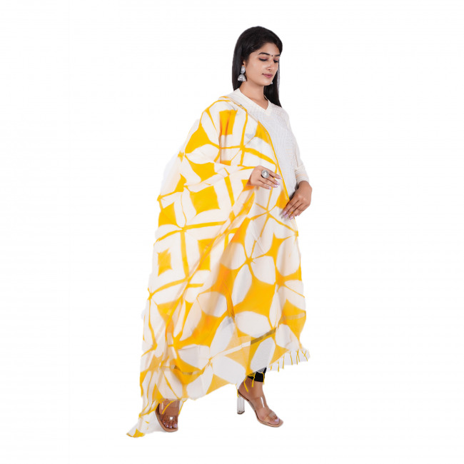 Tribes India Yellow White Tie And Dye Maheshwari Silk Dupatta
