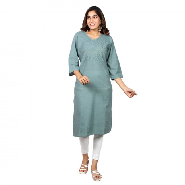 Tribes India Grey Dyed Cotton Kurti With Kantha Work