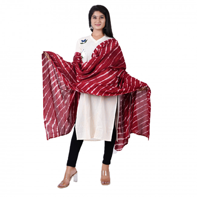 Tribes India Handmade Red-White Tie And Dye Cotton Dupatta With Kantha Work