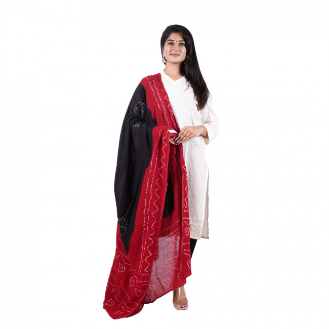 Tribes India Hand Embroidered Red Black Cotton Bandhej Dupatta