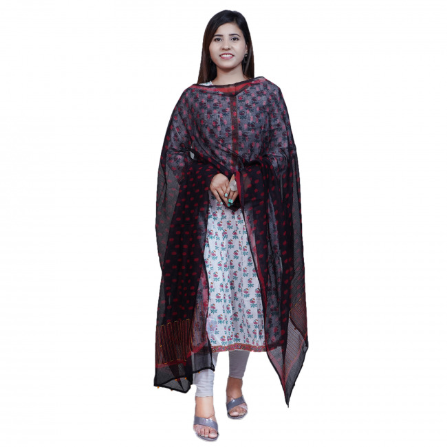 Tribes India Red Black Polka Dot Kota Doria Dupatta With Kantha Work