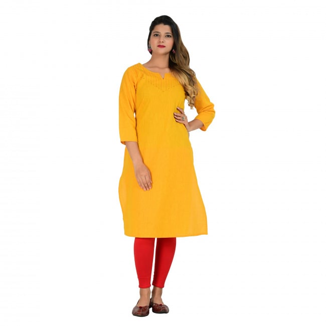 Tribes India Yellow Straight Line Cotton Kurti With Hand Embroidery
