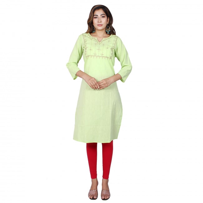 Tribes India Lemon Yellow Kantha Mangalgiri Straight-Line Kurti