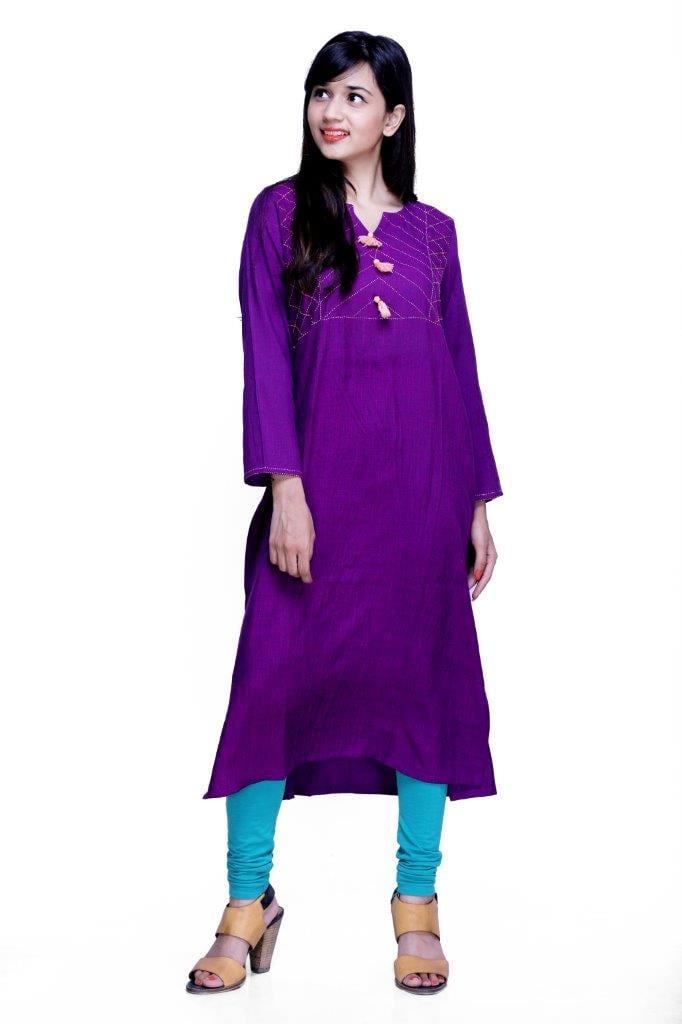 Tribes India Purple Straight-line Kurti With Kantha Work