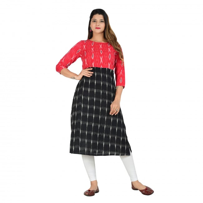 Tribes India Red Black Ikat Print Cotton Kurti