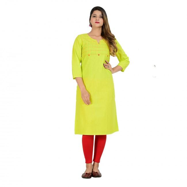 Tribes India Yellow Kantha Mangalgiri Cotton Kurti With Mirror Work