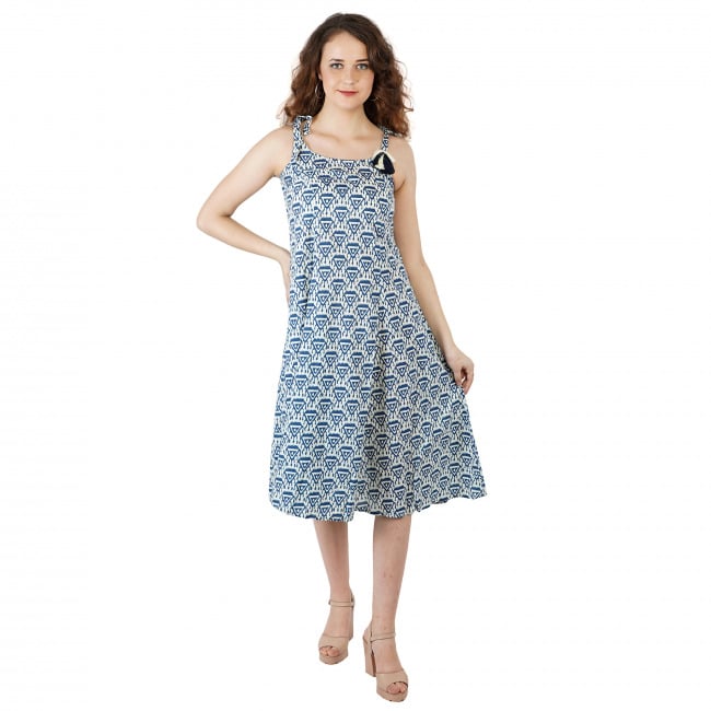 Tribes India Blue White Printed A-Line Dress With Mask