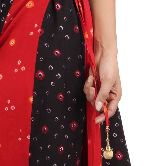 Multicolor Bandhani Print Long Cotton Skirt With Mirror Work - Free Size