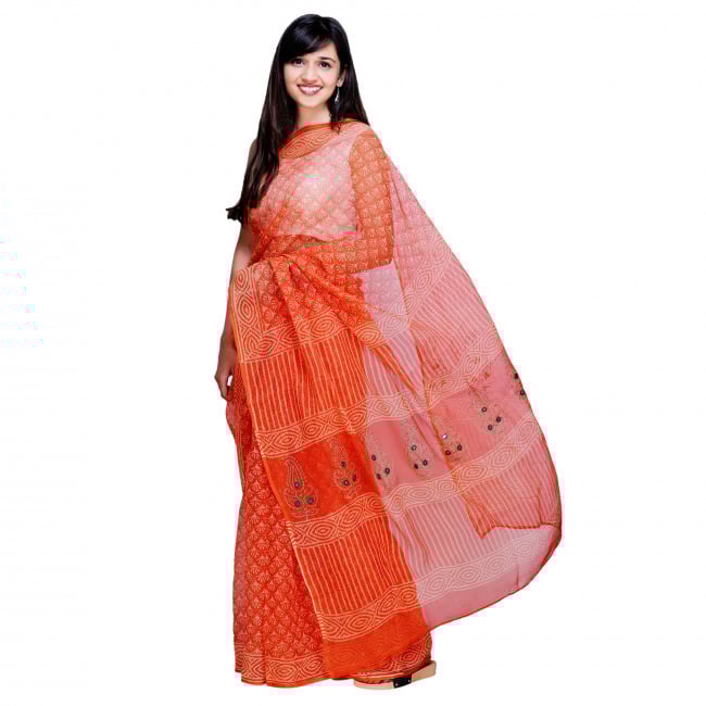 Tribes India Orange Kota Doria Saree with Hand Embroidery - Free Size